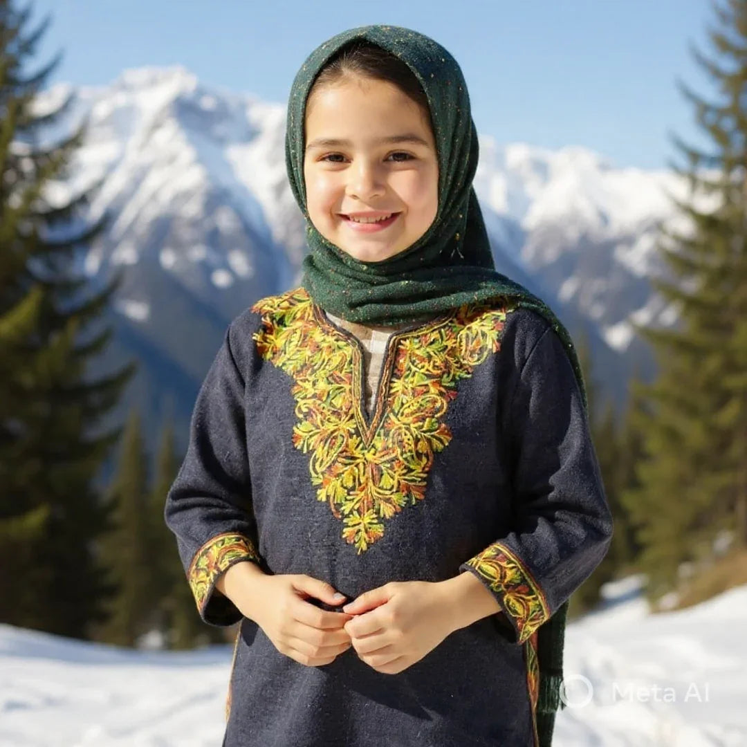 Smiling girl wearing green embroidered Pashmina shawl and traditional navy outfit in snowy mountain forest