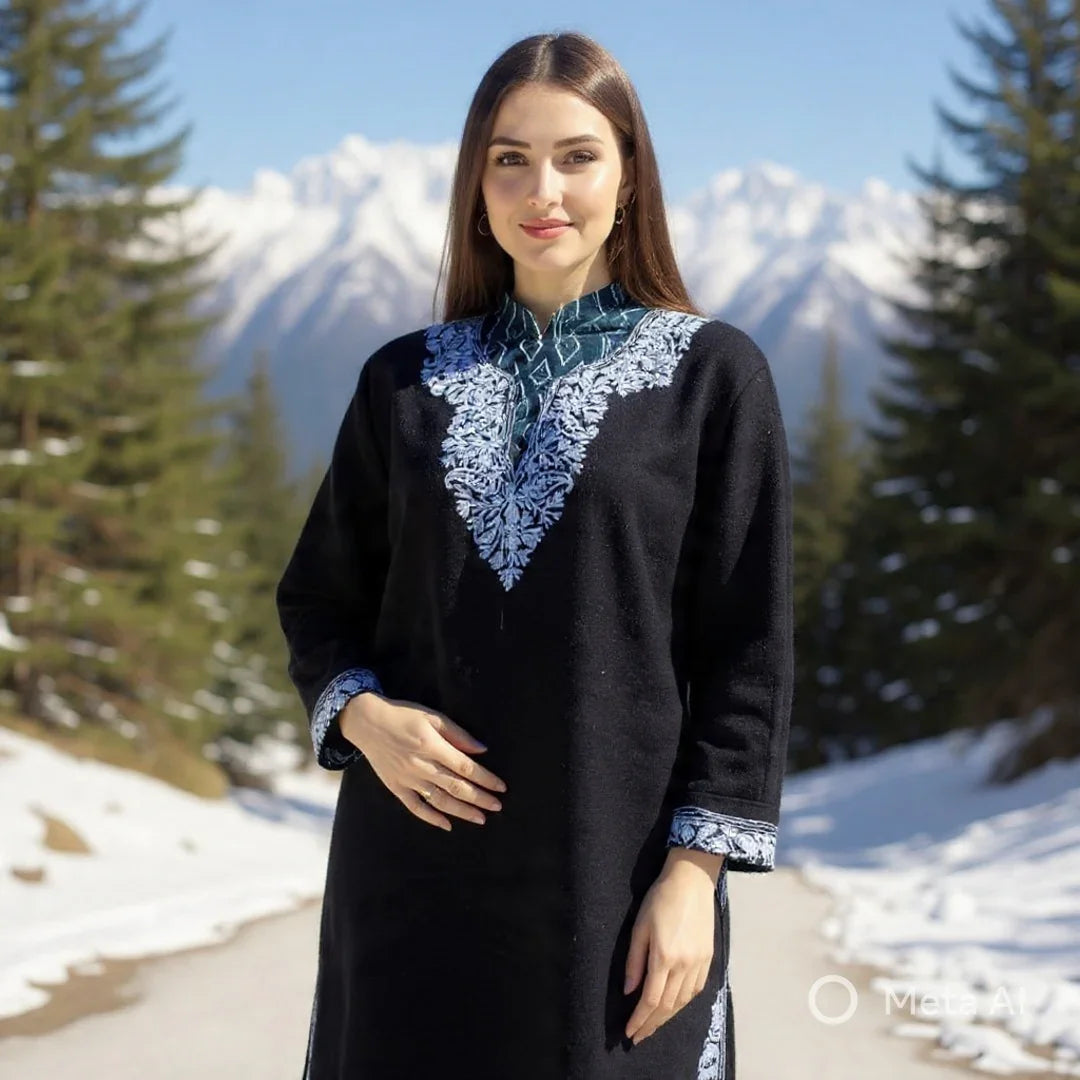 Women Yak Wool Faran | XL Black | V Neck