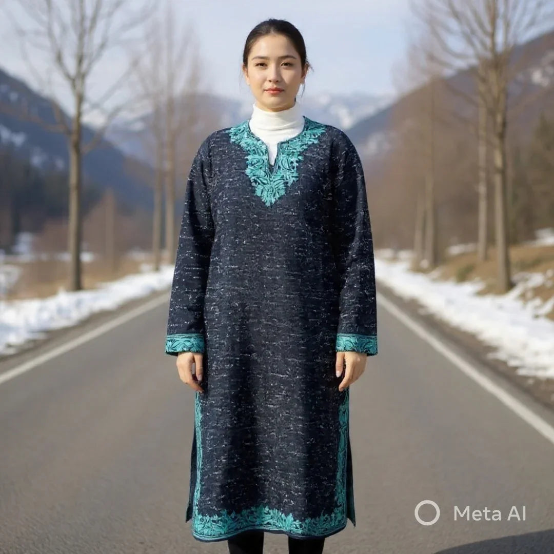 Women Yak Wool Faran | XL Natural Black | V Neck