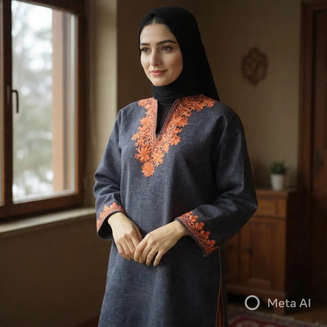 Woman wearing a grey pashmina dress with orange floral embroidery and a black headscarf indoors by window