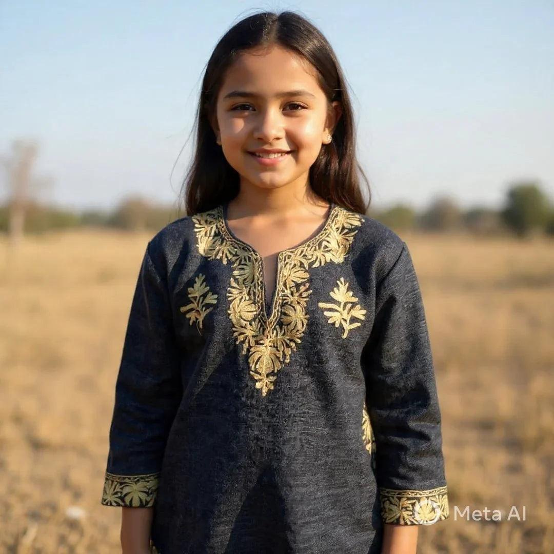 Smiling girl wearing black traditional kurta with gold embroidery standing outdoors in a field