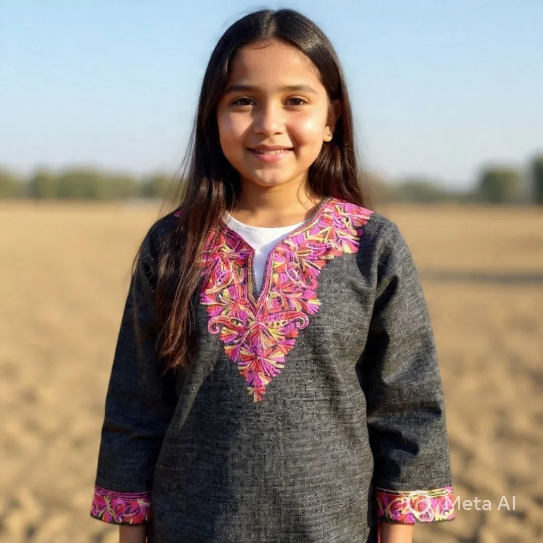 Young girl outdoors wearing a grey traditional dress with pink and gold embroidered neckline and cuffs