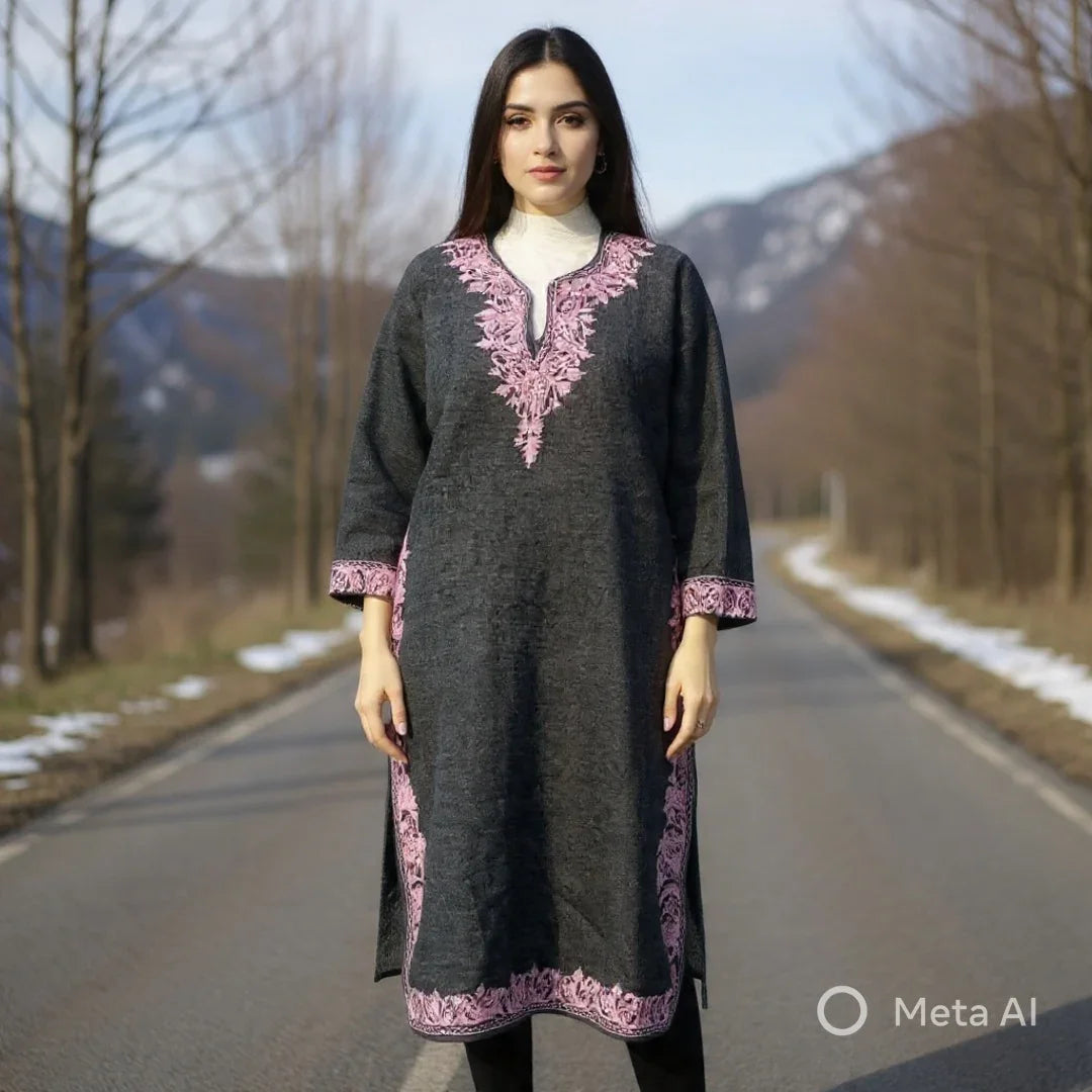 Women Yak Wool Faran | XL Dark Grey | V Neck