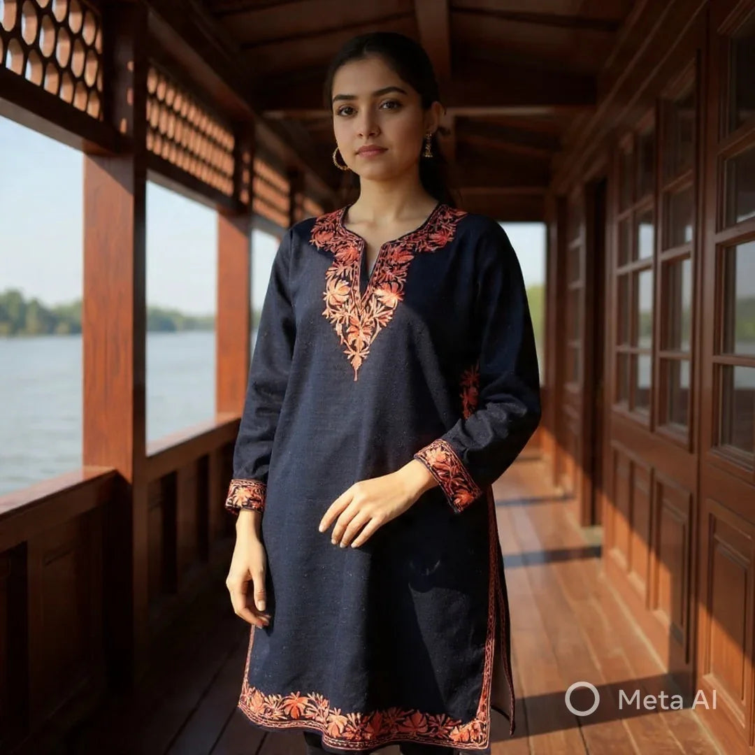 Woman wearing navy blue traditional Kashmiri embroidered kurta standing on wooden balcony by a lake