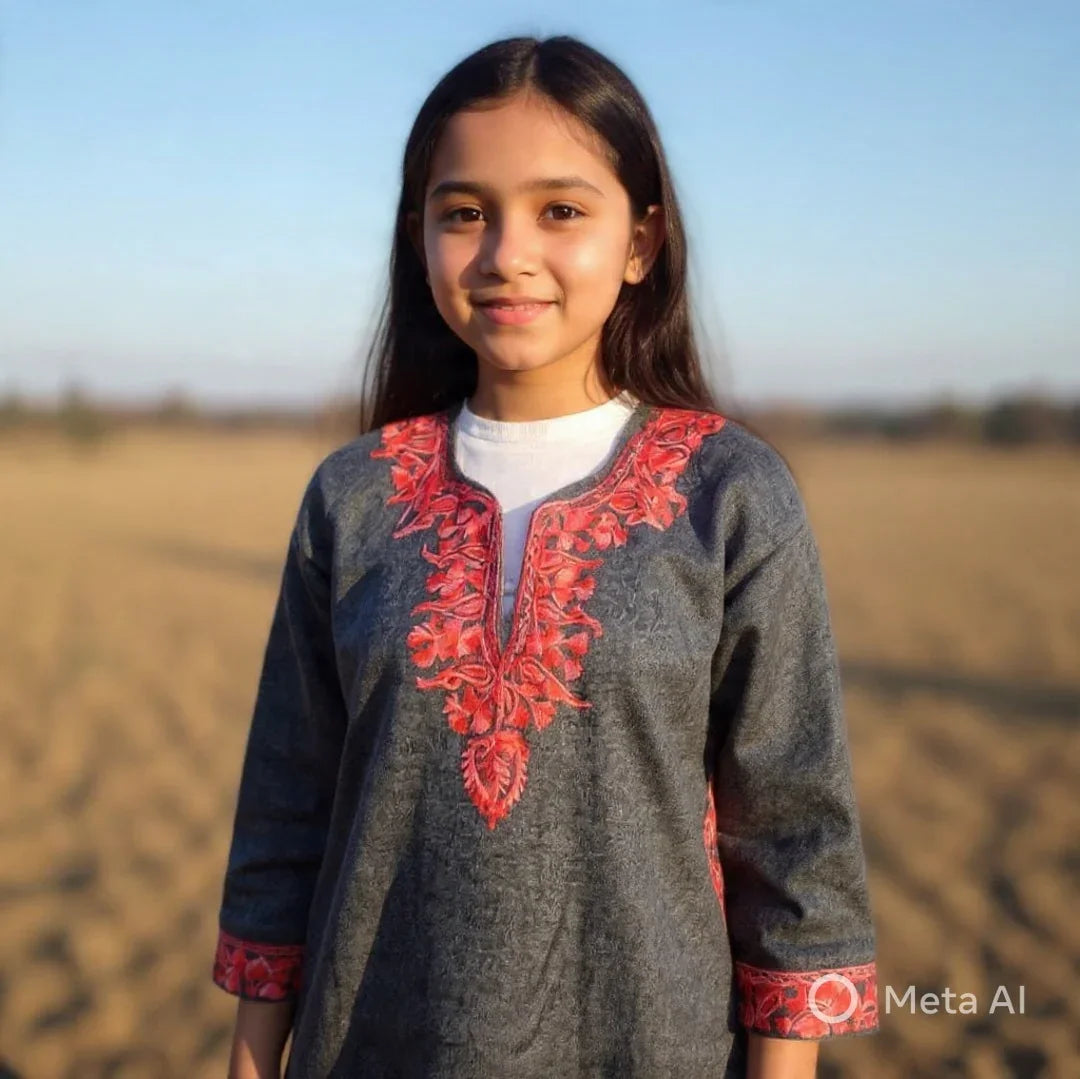 Young girl wearing gray Pashmina shawl with red floral embroidery, standing outdoors in sunlight