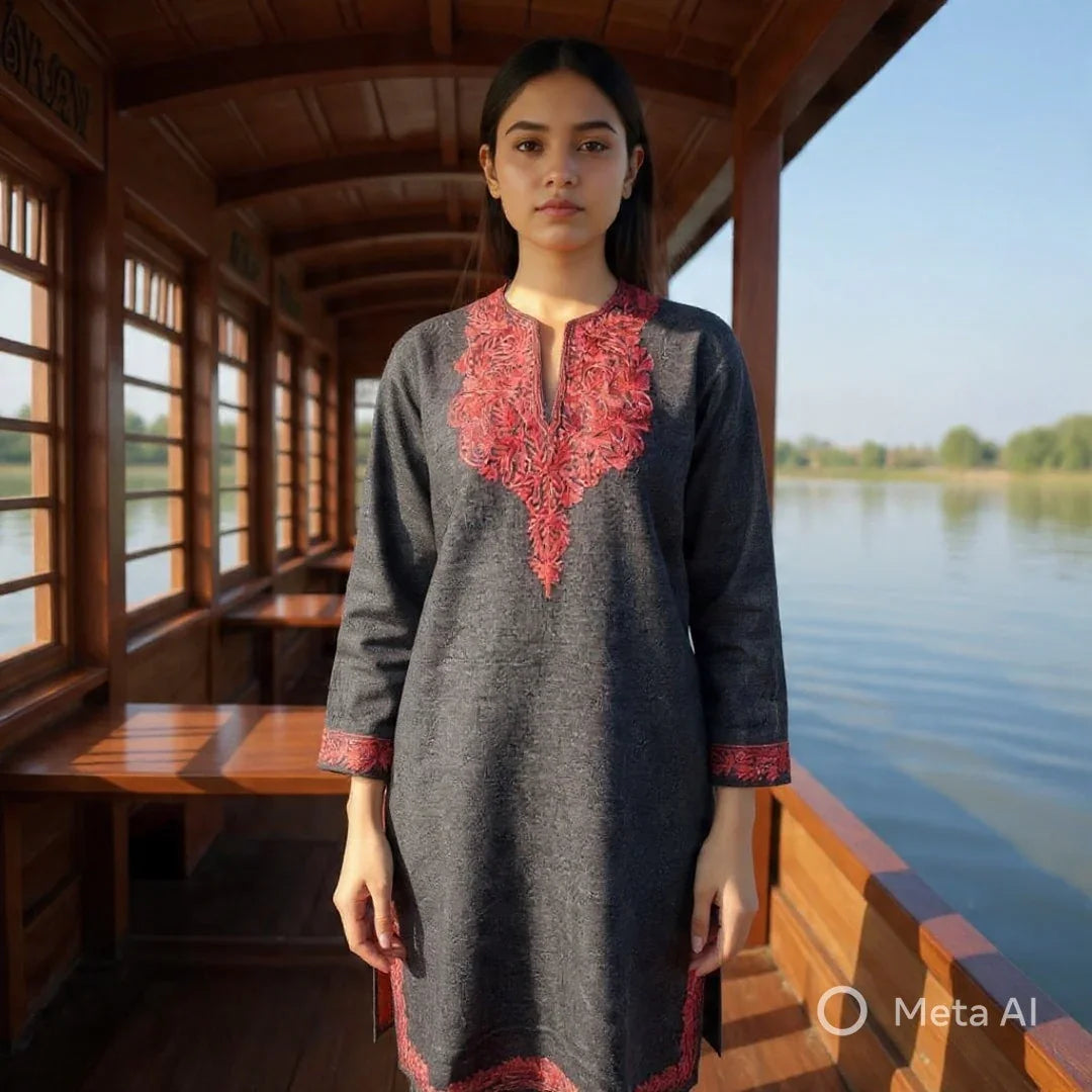 Woman wearing dark grey Pashmina shawl dress with red embroidery standing on wooden boat by lake