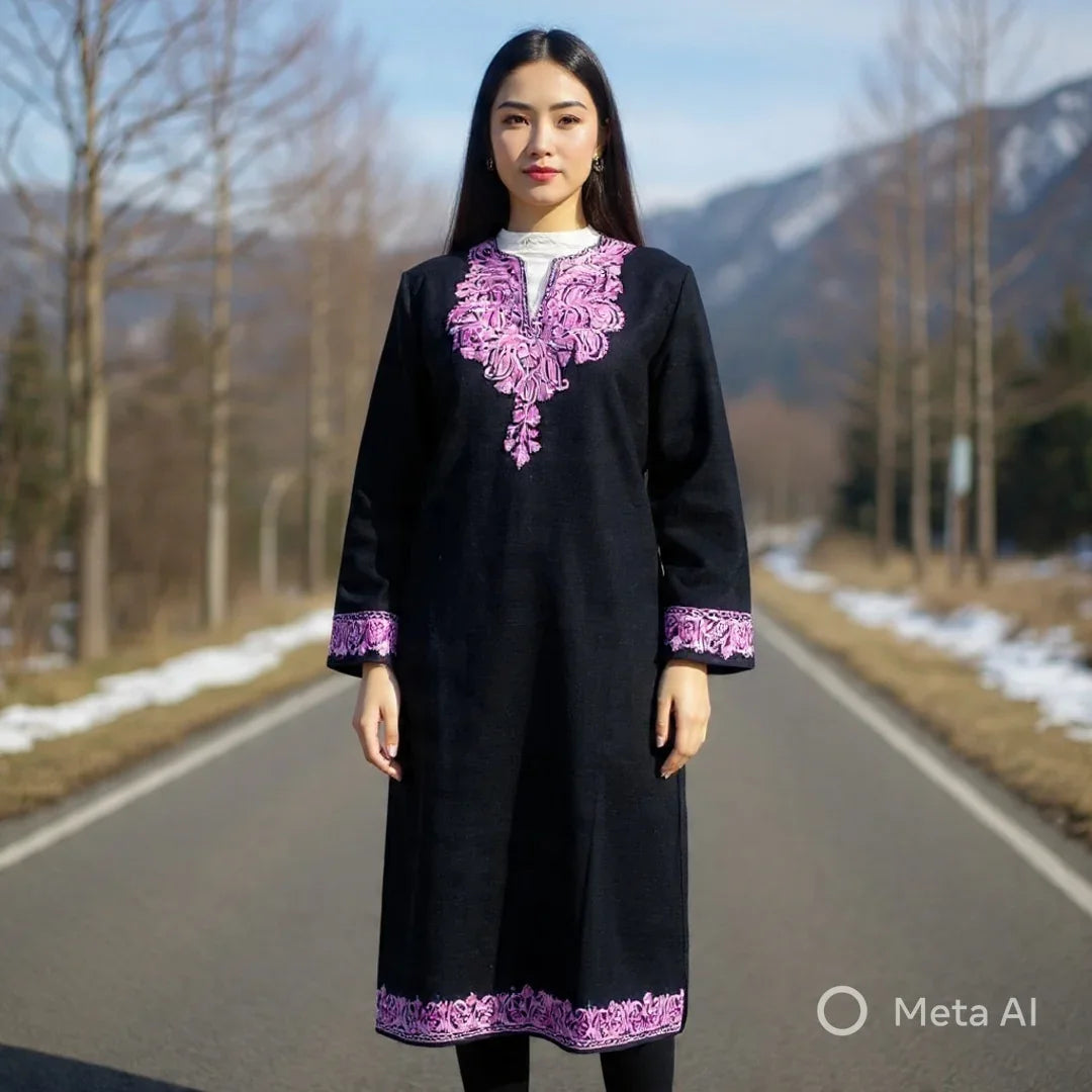Woman standing on road wearing black traditional dress with pink embroidery from Zanskar Arts