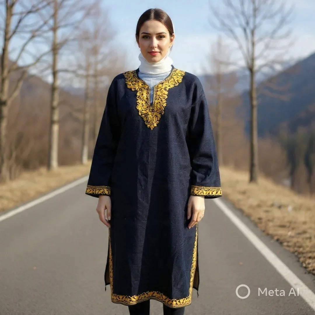 Woman wearing navy blue traditional dress with gold embroidery standing on an empty road with bare trees and mountains in background