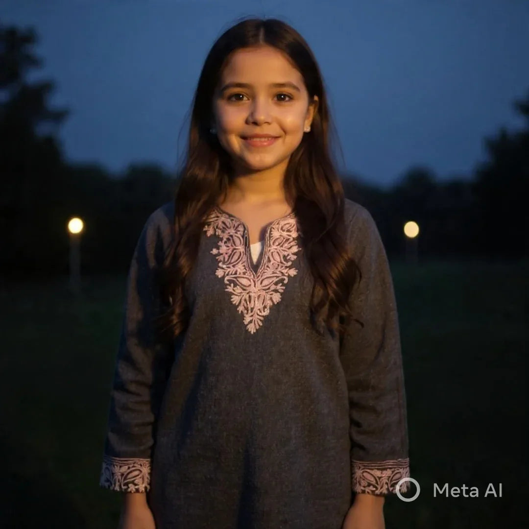 Young girl smiling outdoors at dusk wearing embroidered pashmina shawl from Zanskar Arts