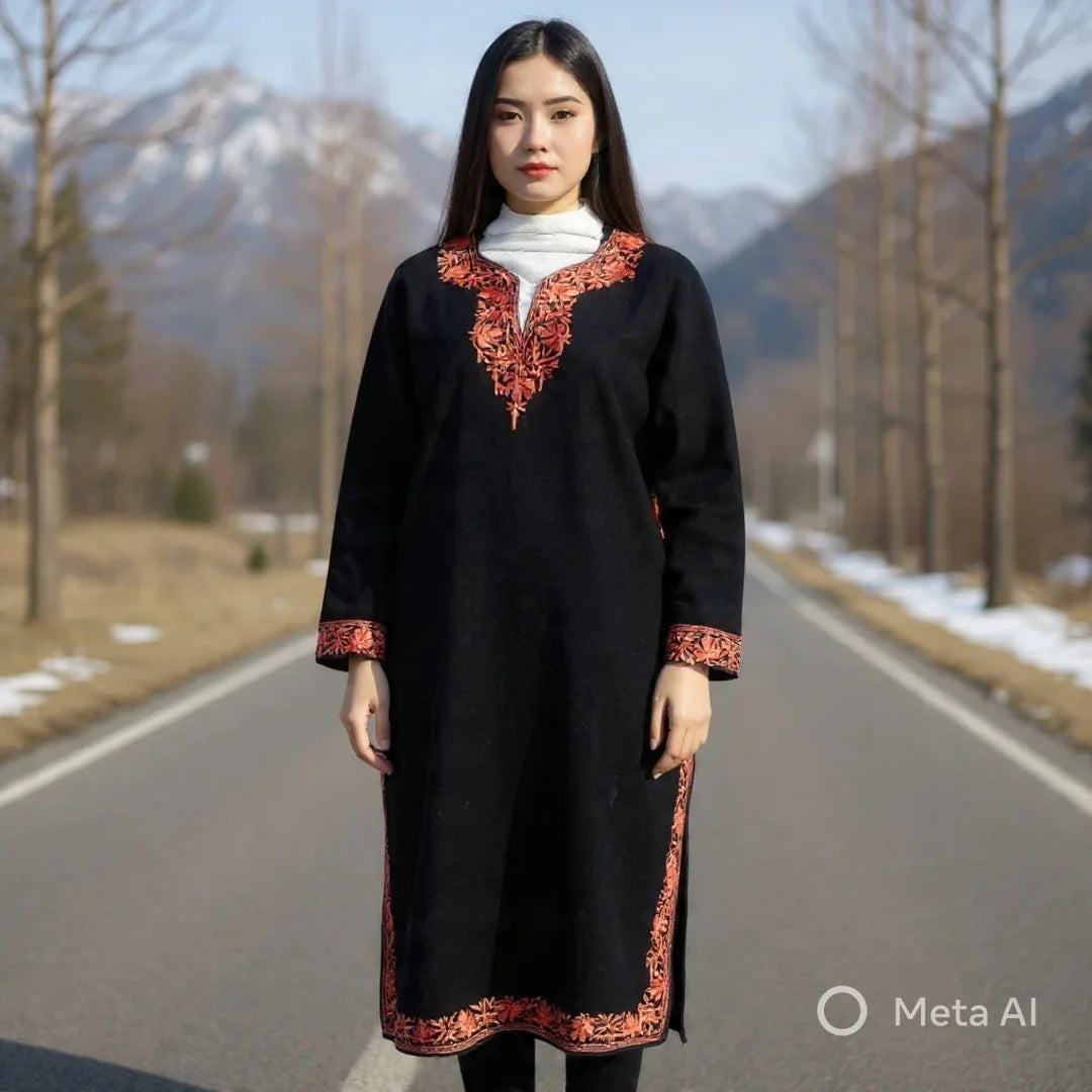 Woman wearing black traditional Pashmina dress with orange embroidery standing on a mountain road