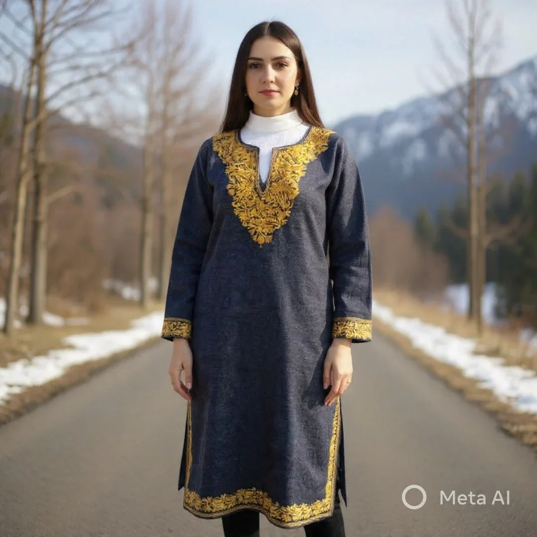 Woman wearing navy blue Pashmina kurta with intricate yellow embroidery, standing on a road with bare trees and snowy mountains