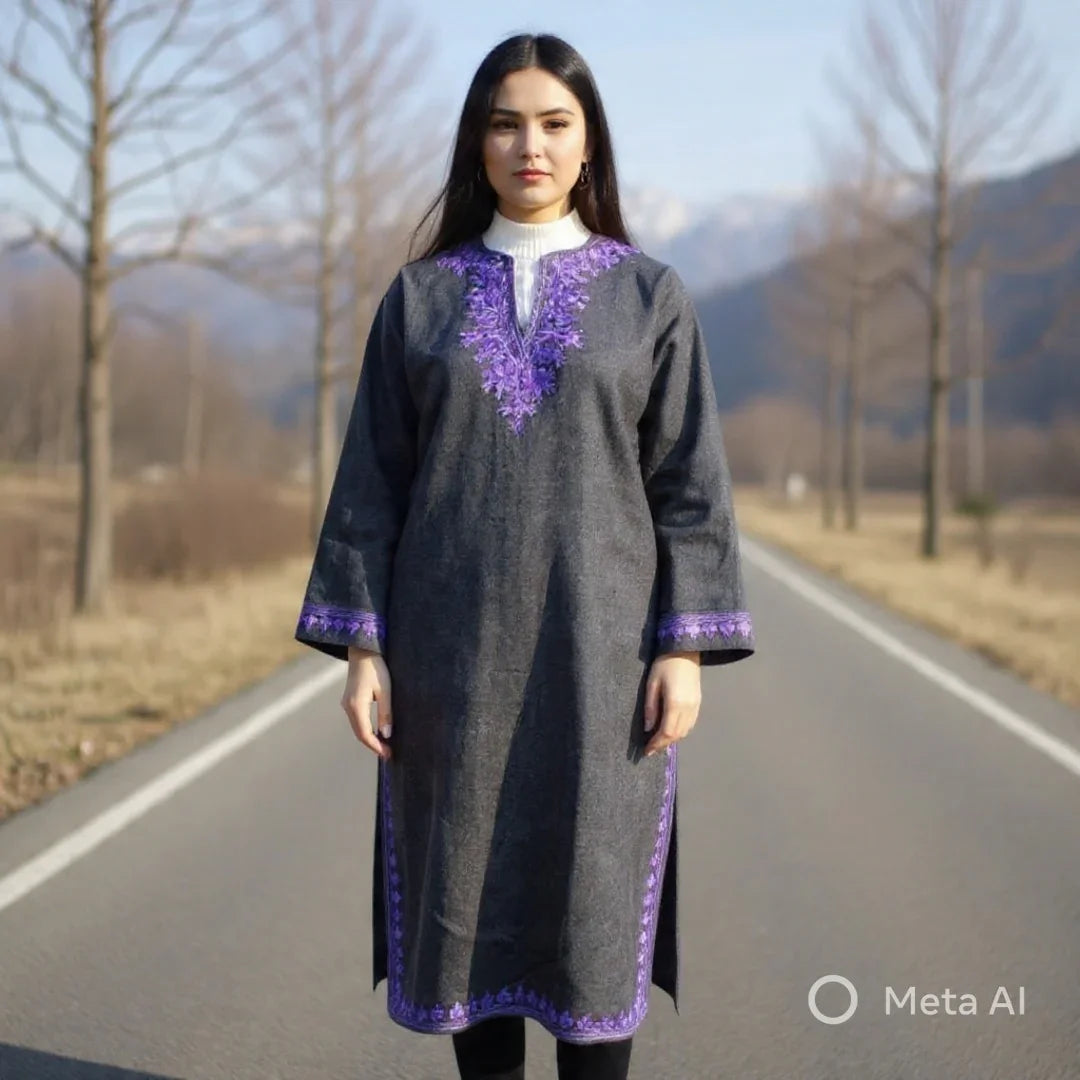 Woman standing on empty road wearing a long dark grey dress with purple embroidery, winter landscape
