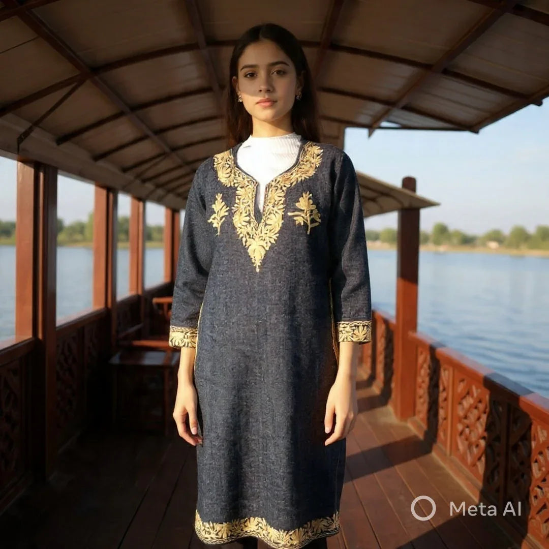 Woman wearing navy blue Pashmina wool dress with gold floral embroidery on wooden boat by water