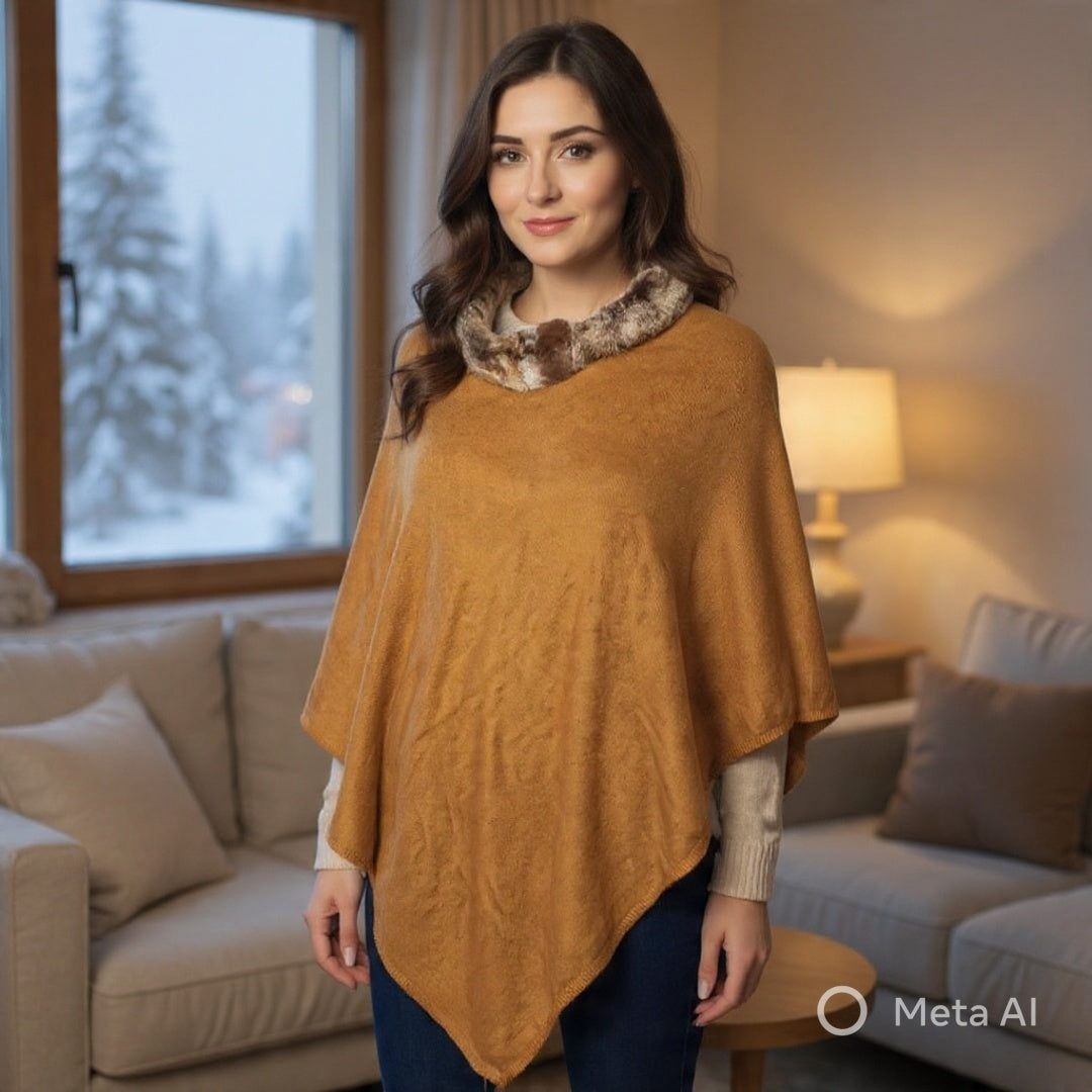 Plain Pashmina Poncho With Fur | Brown Colour