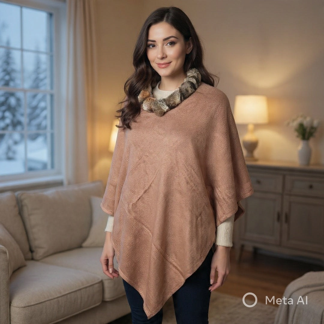Plain Pashmina Poncho With Fur | Peanut Colour