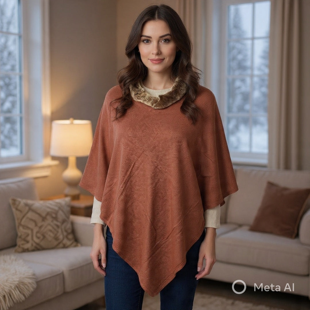 Plain Pashmina Poncho With Fur | Cennamon Colour