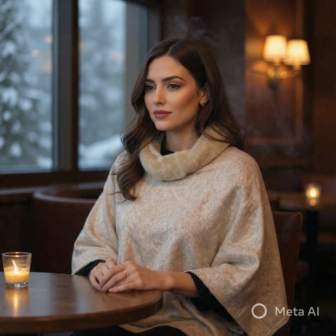 Plain Pashmina Poncho with Fur | Wheat Colour