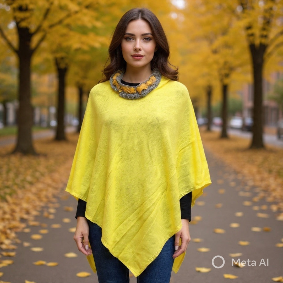 Plain Pashmina Poncho With Fur | Lime Colour