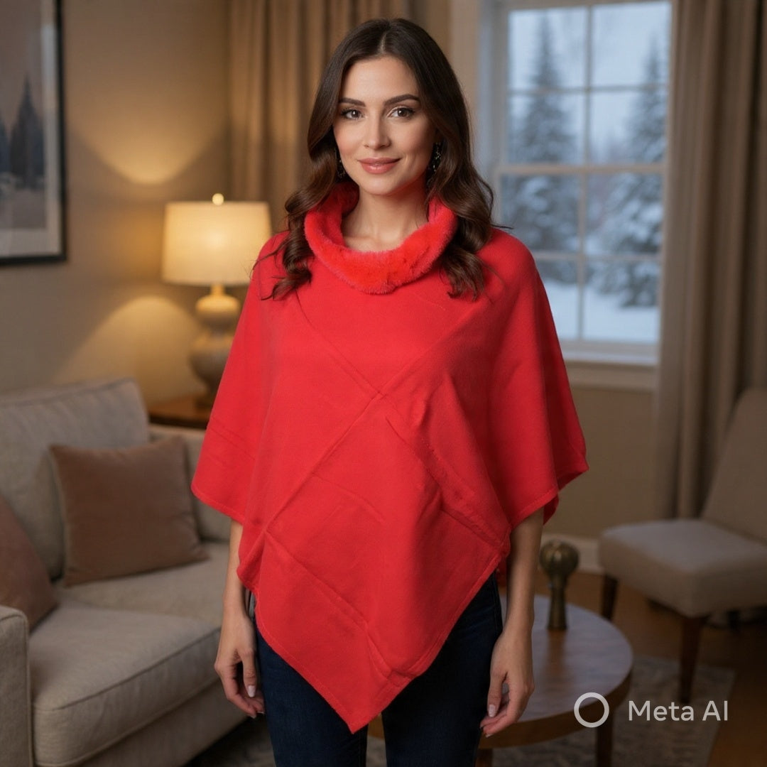 Plain Pashmina Poncho With Fur | Red Colour