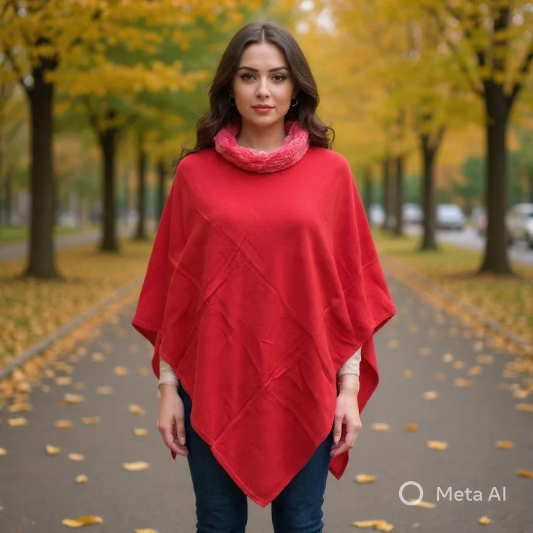 Plain Pashmina Poncho With Fur | Red Colour