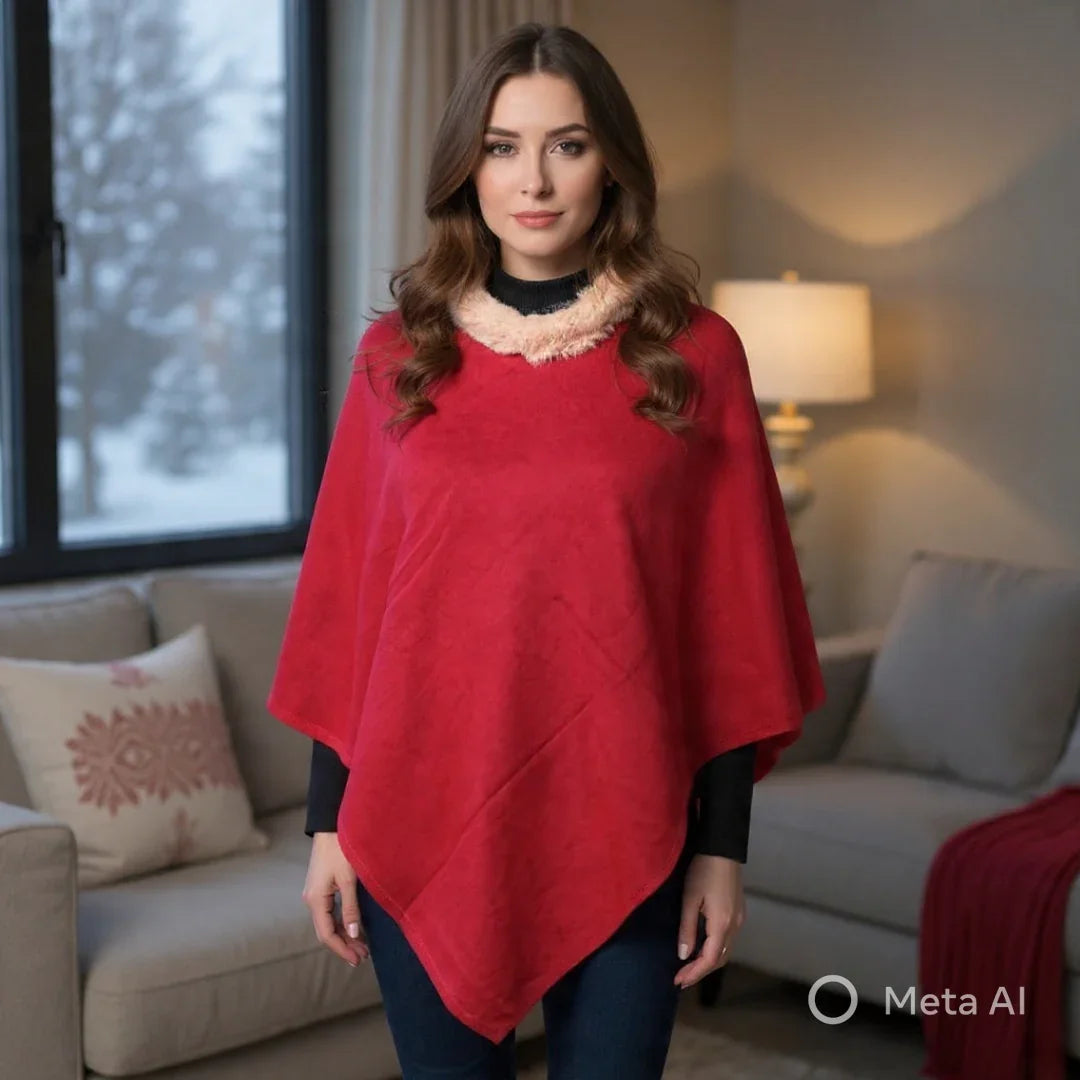 Plain Pashmina Poncho With Fur | Red Colour