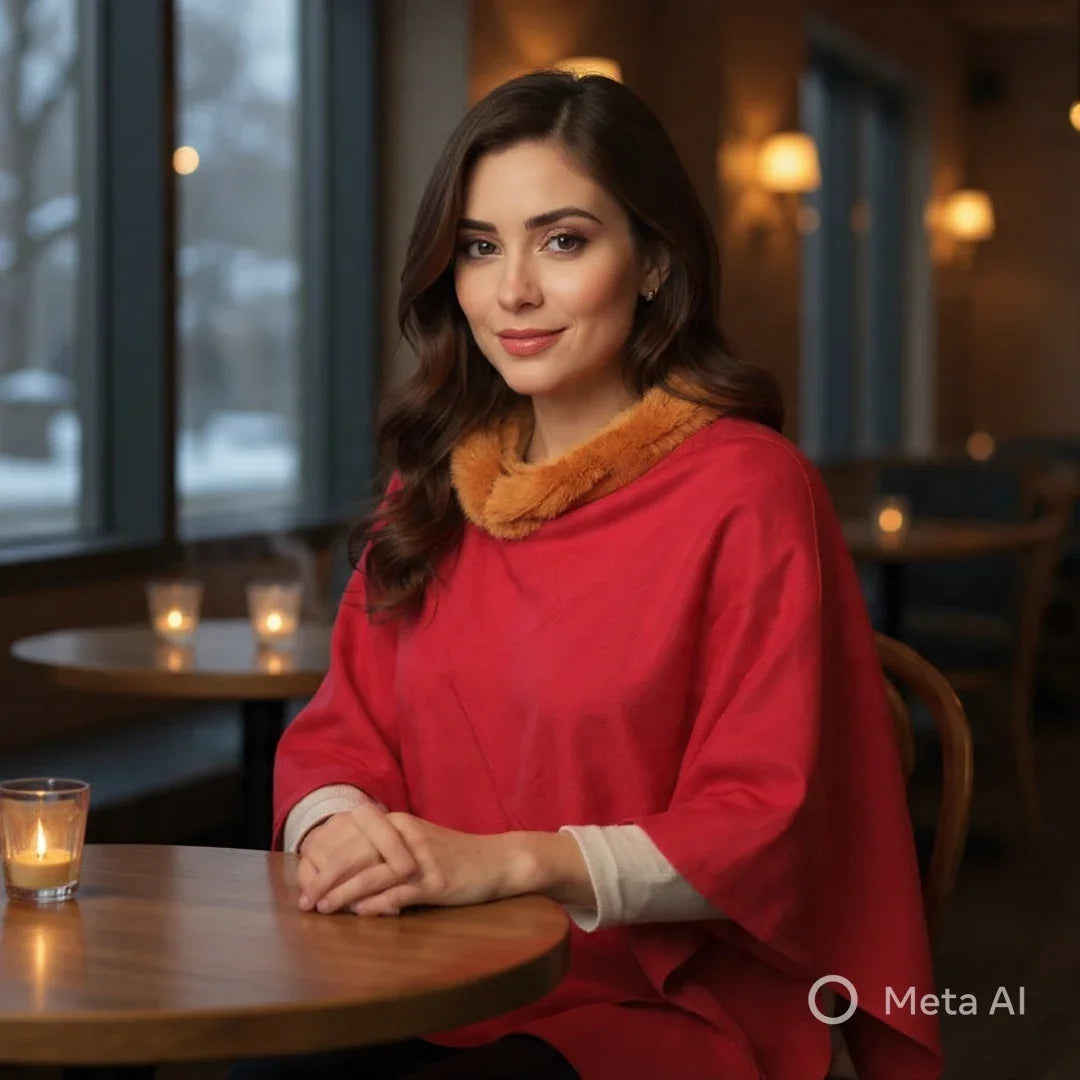 Plain Pashmina Poncho With Fur | Red Colour