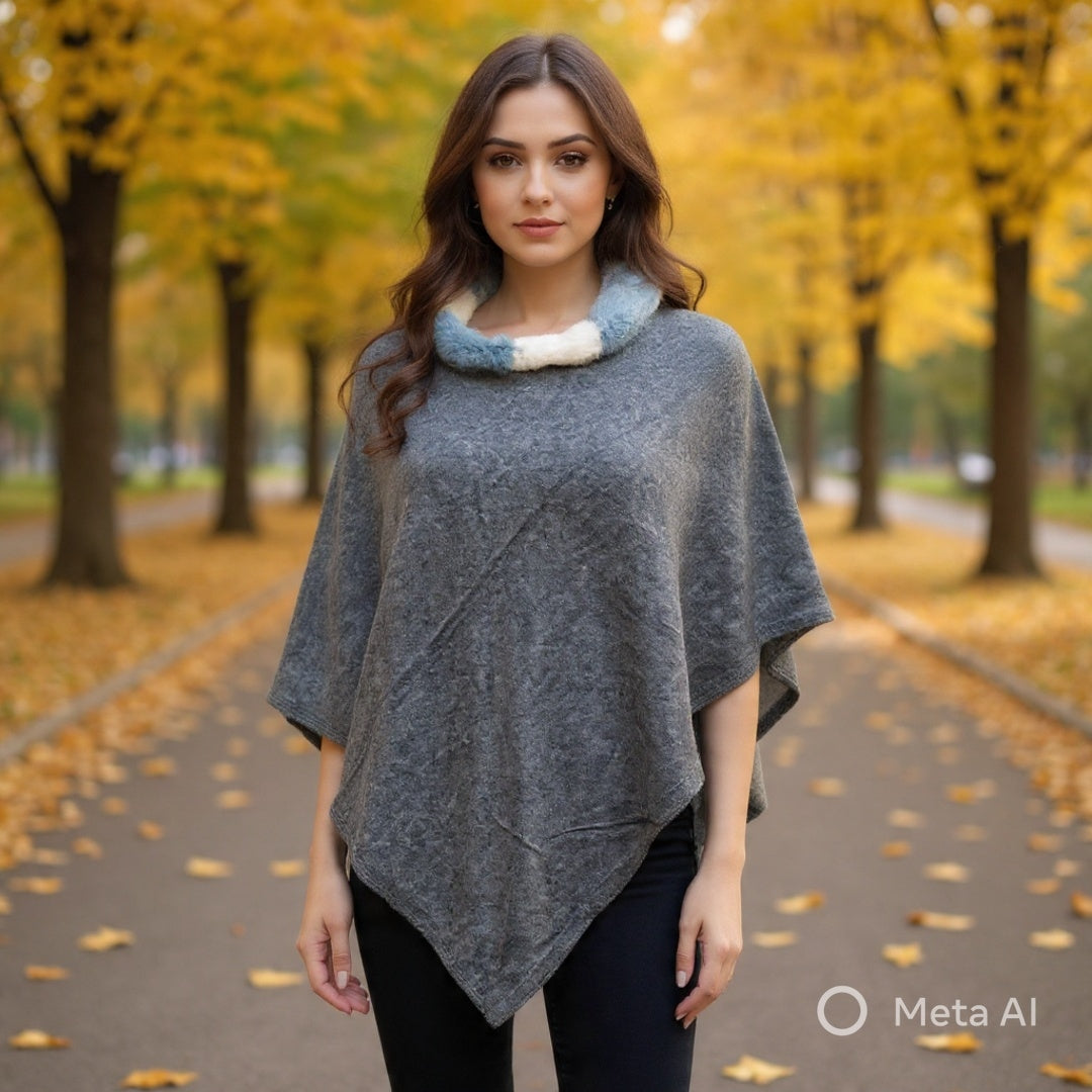 Plain PashminaPoncho With Fur | Natural Black Colour