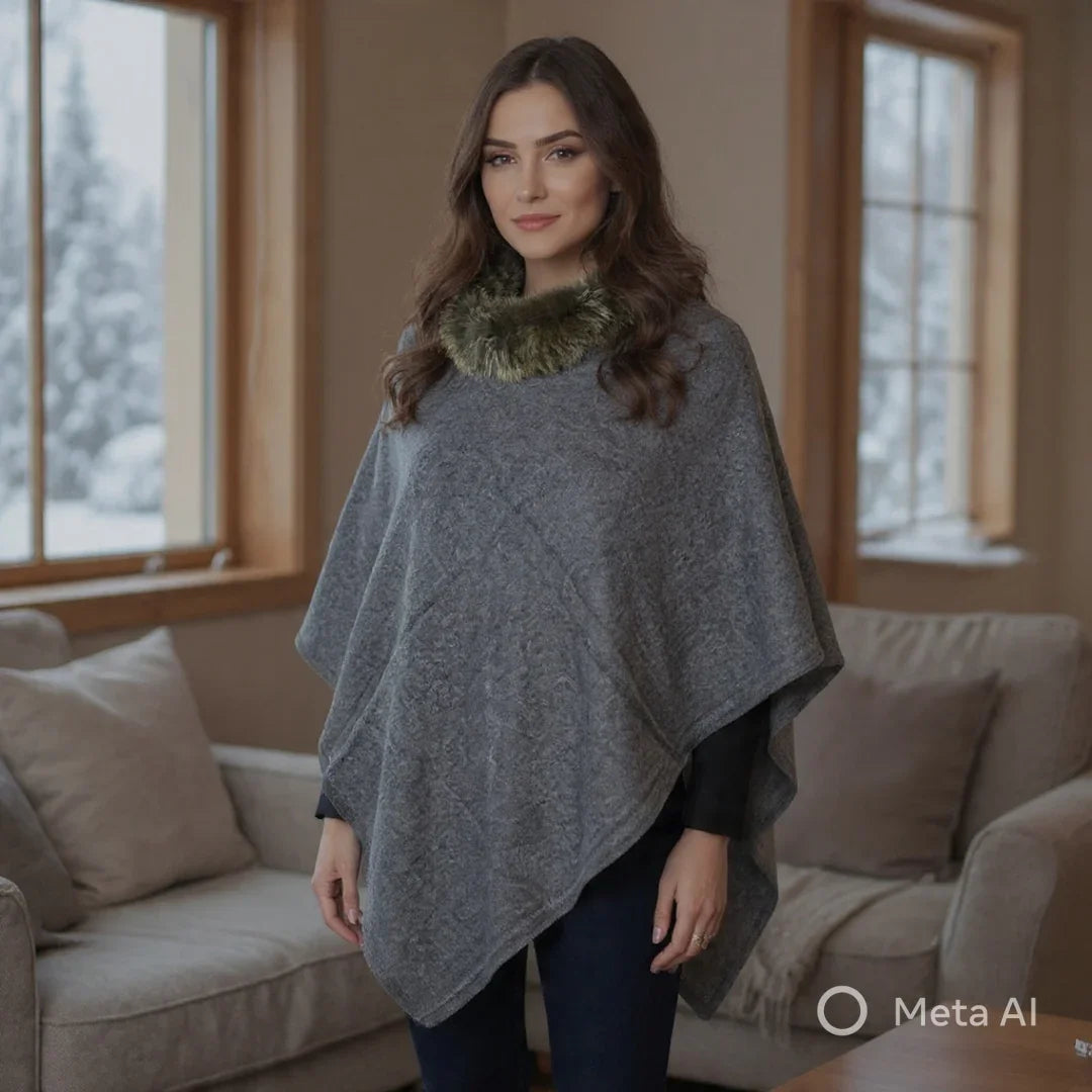 Plain PashminaPoncho With Fur | Natural Black Colour