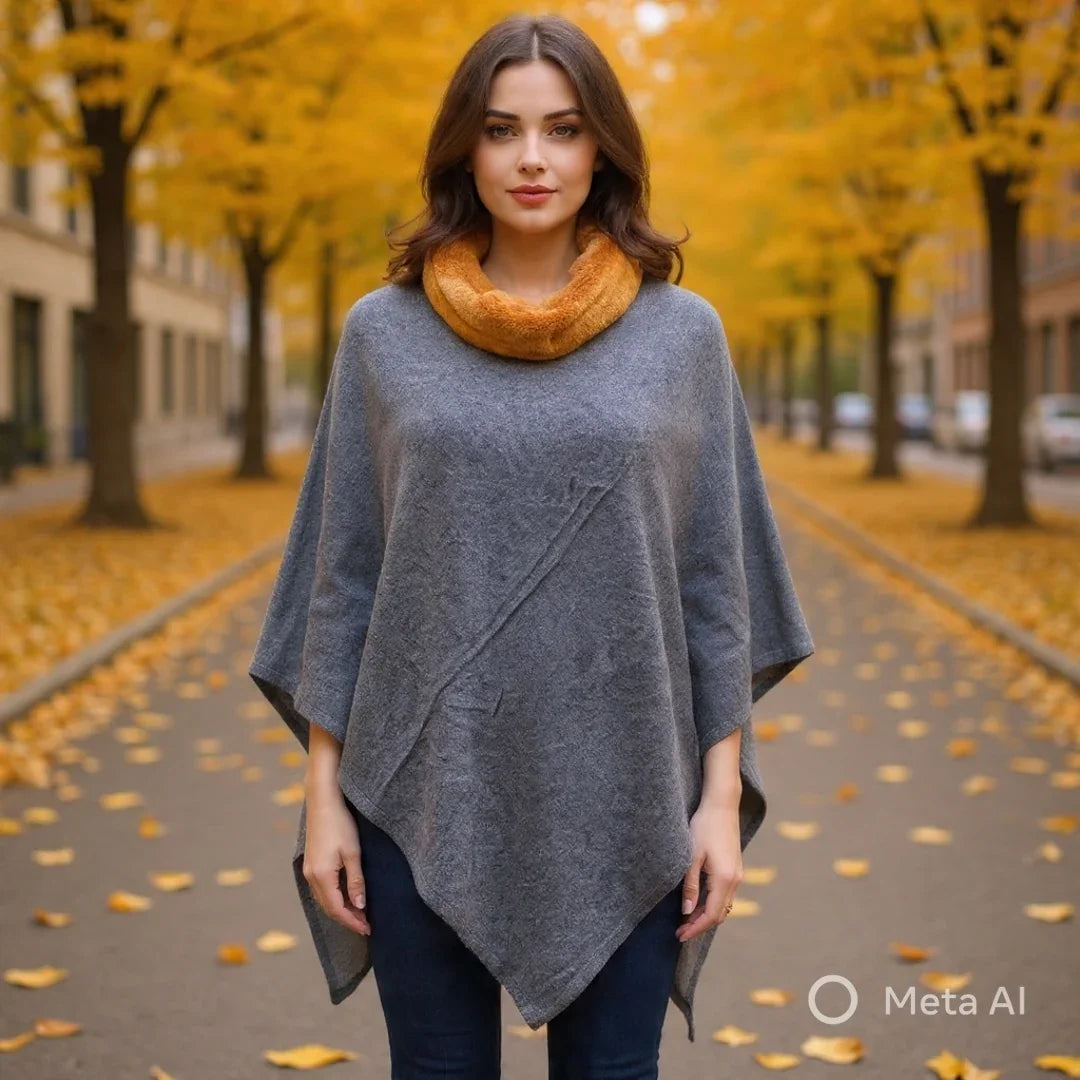 Plain PashminaPoncho With Fur | Natural Black Colour