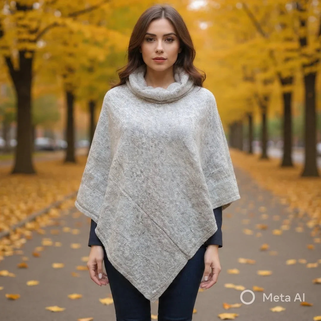 Plain Pashmina Poncho with Fur | Silver Colour