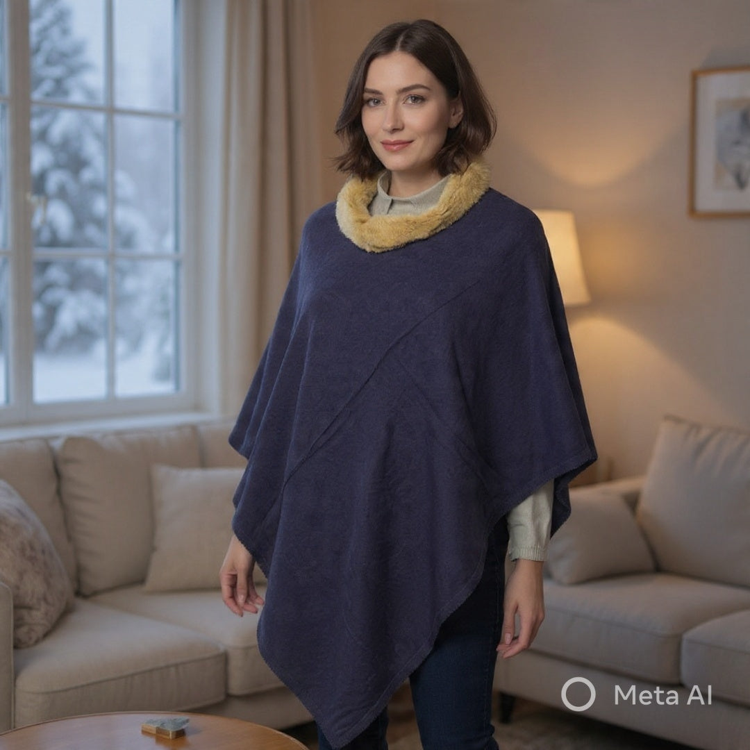 Plain Pashmina Poncho With Fur | Royal Bule Colour