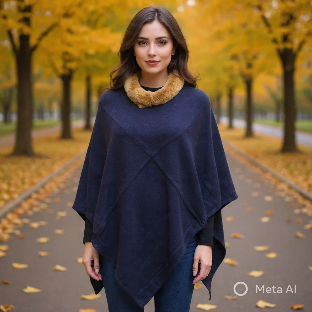 Plain Pashmina Poncho With Fur | Royal Bule Colour