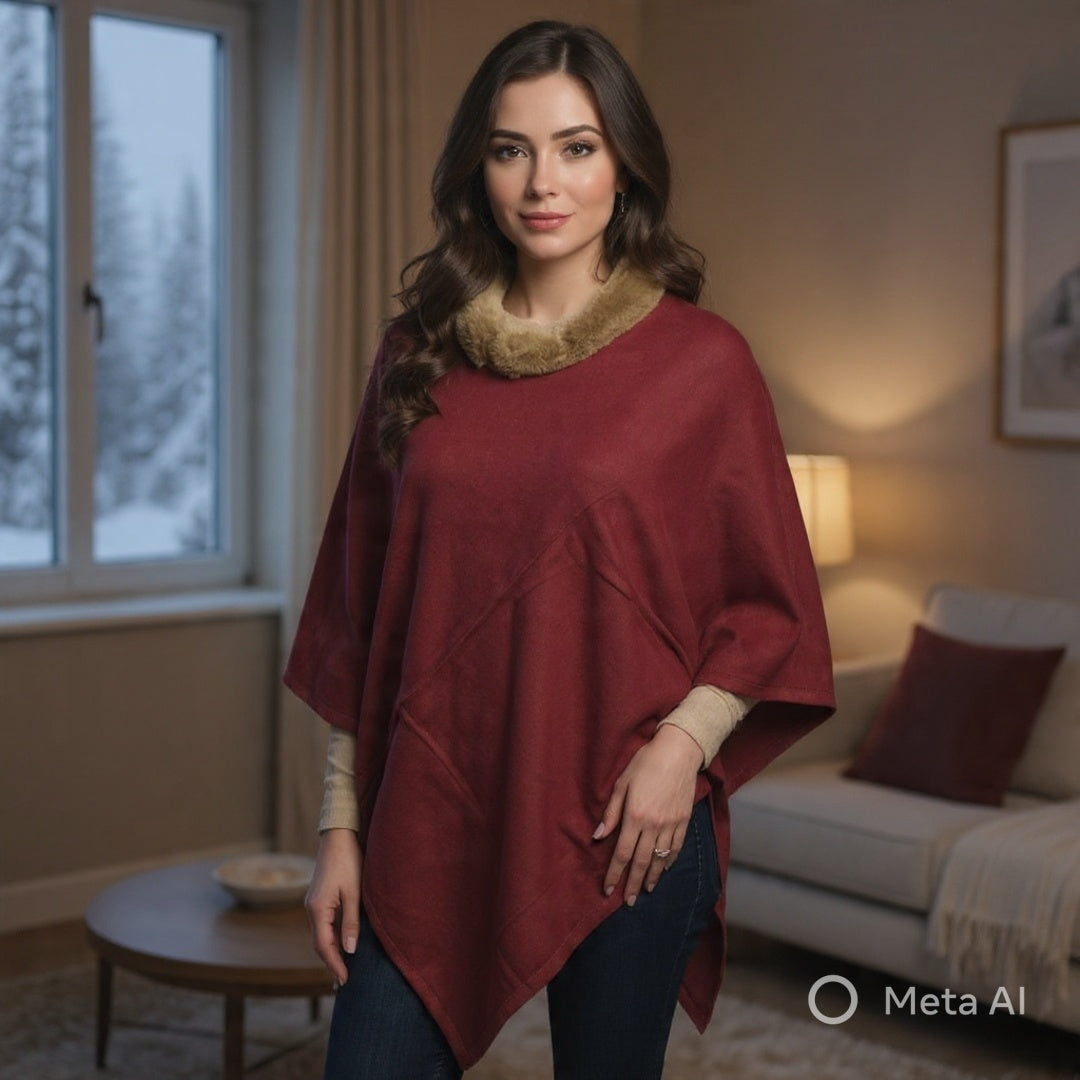 Plain Pashmina Poncho With Fur | Maroon Colour