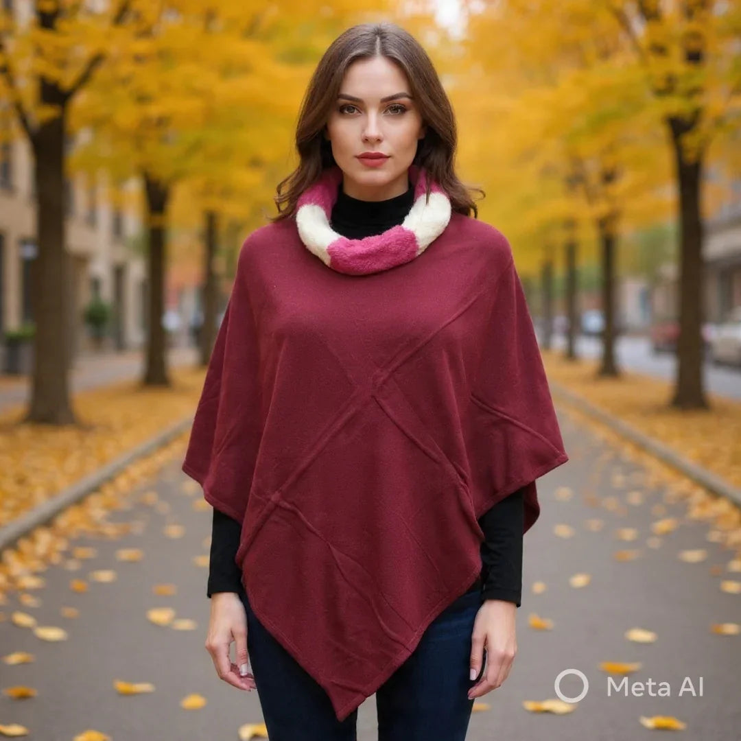 Plain Pashmina Poncho With Fur | Maroon Colour