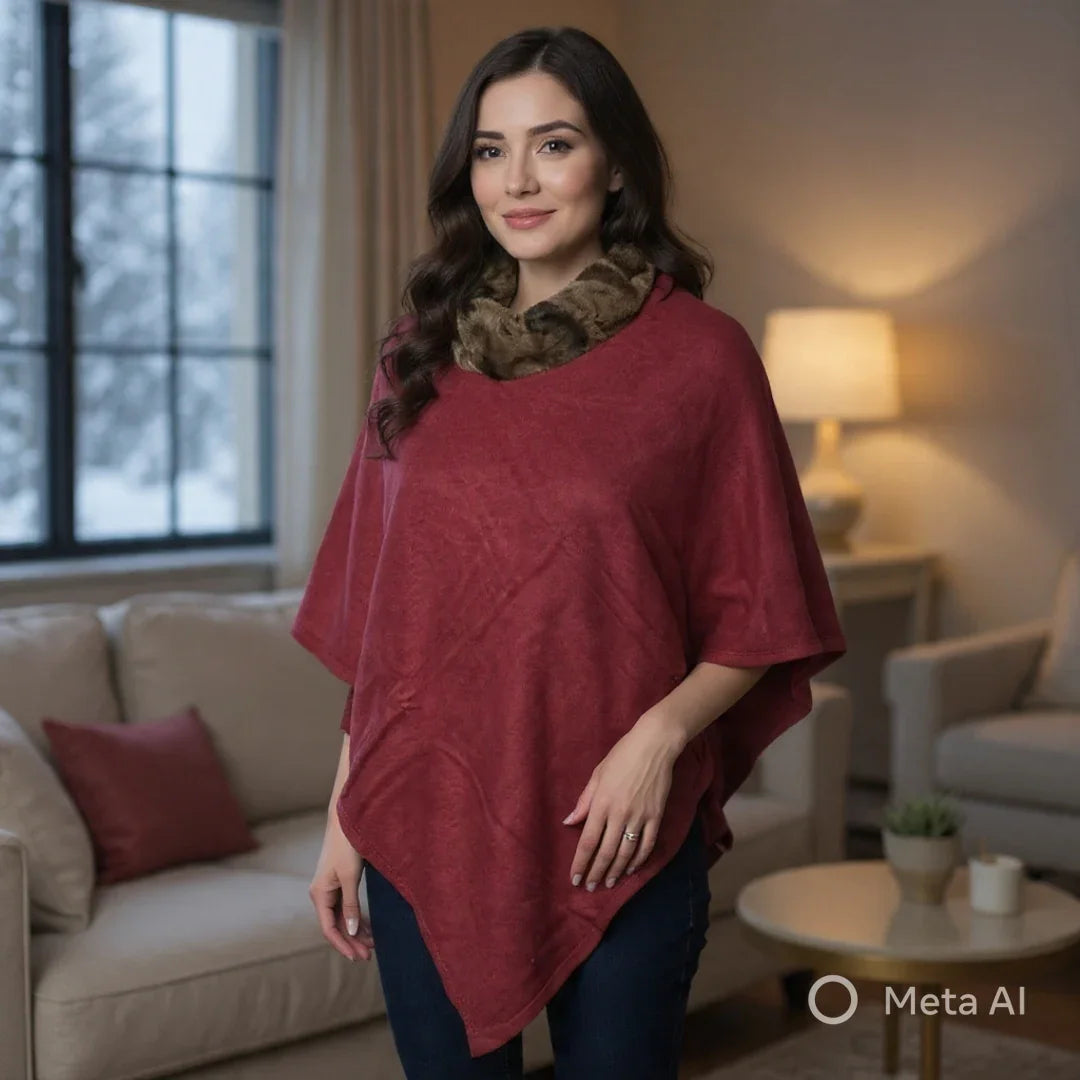 Plain Pashmina Poncho With Fur | Maroon Colour