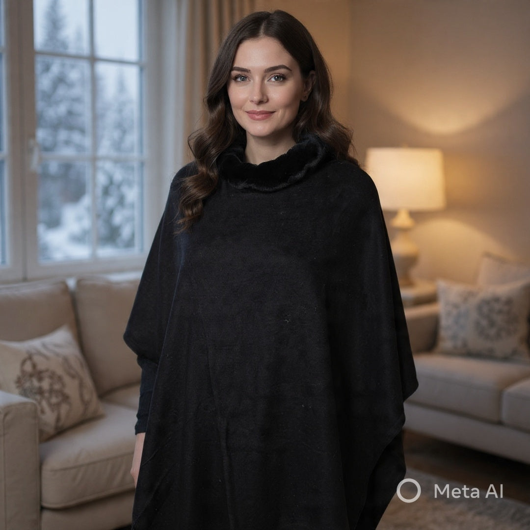 Plain Pashmina Poncho With Black Fur | Black Colour