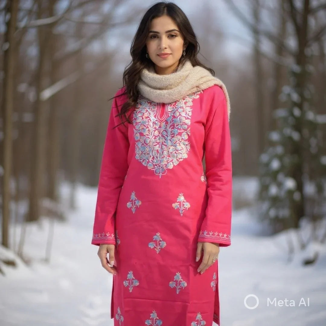 Woolen Long Kurties | Coller V - Neck