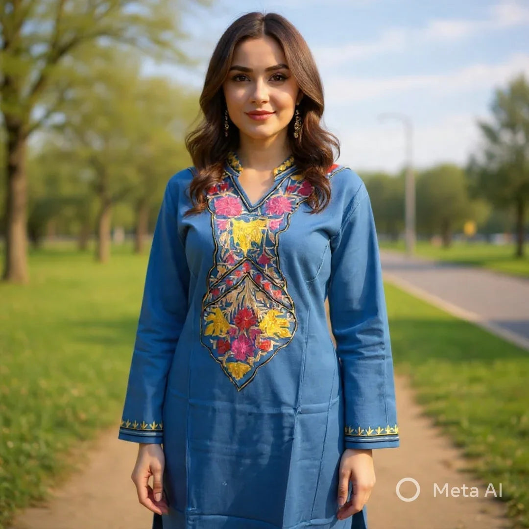 Woollen Long Kurties | Coller V-Neck