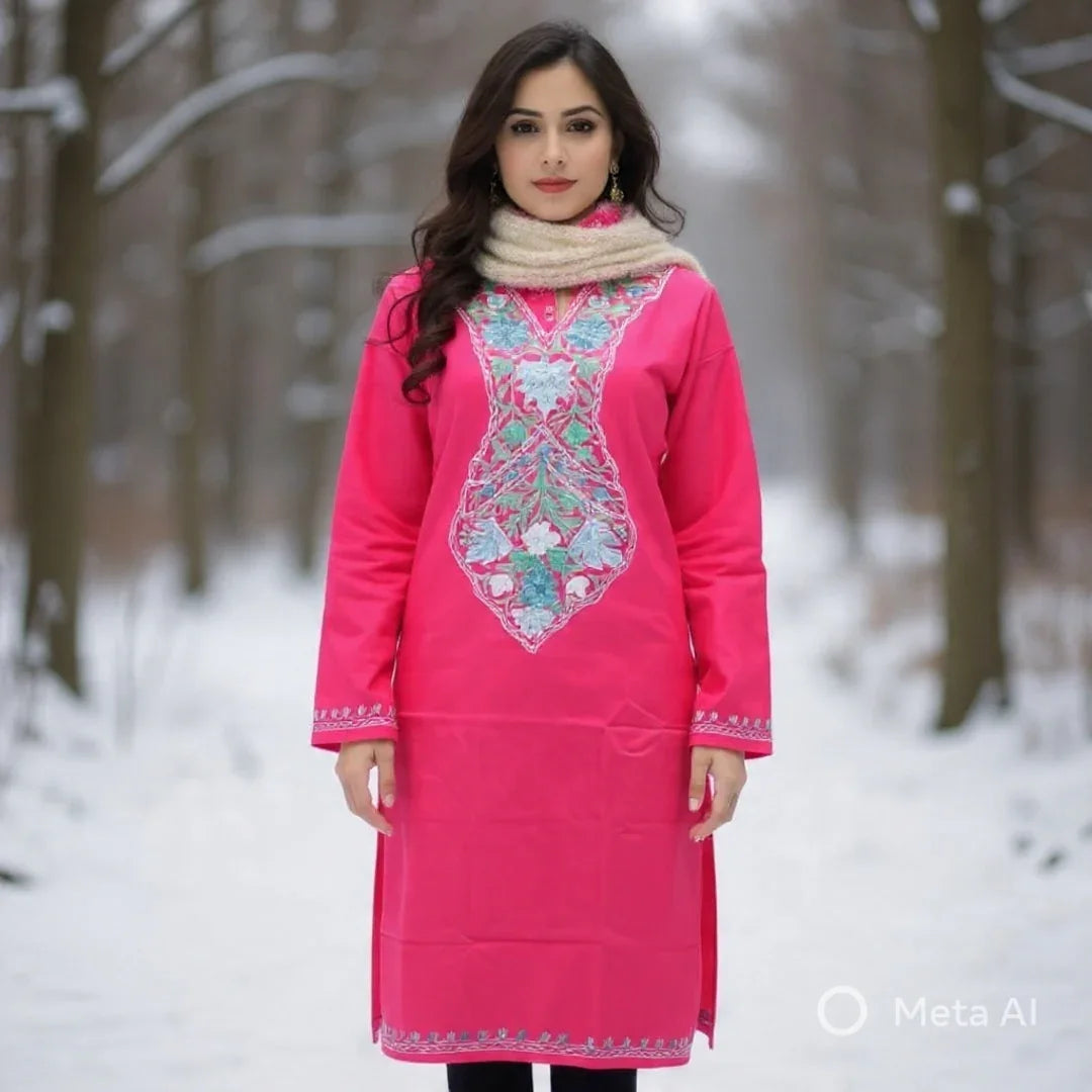 Woolen Long Kurties | Coller V - Neck