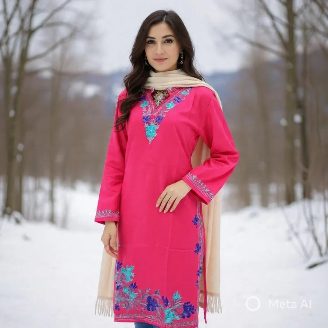 Woolen Long Kurties | V-Neck Coller