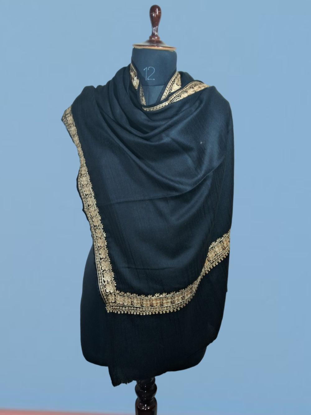 Tilla Border Stole | Zari Border | Black Colour | Handwoven - ZANSKAR ARTS