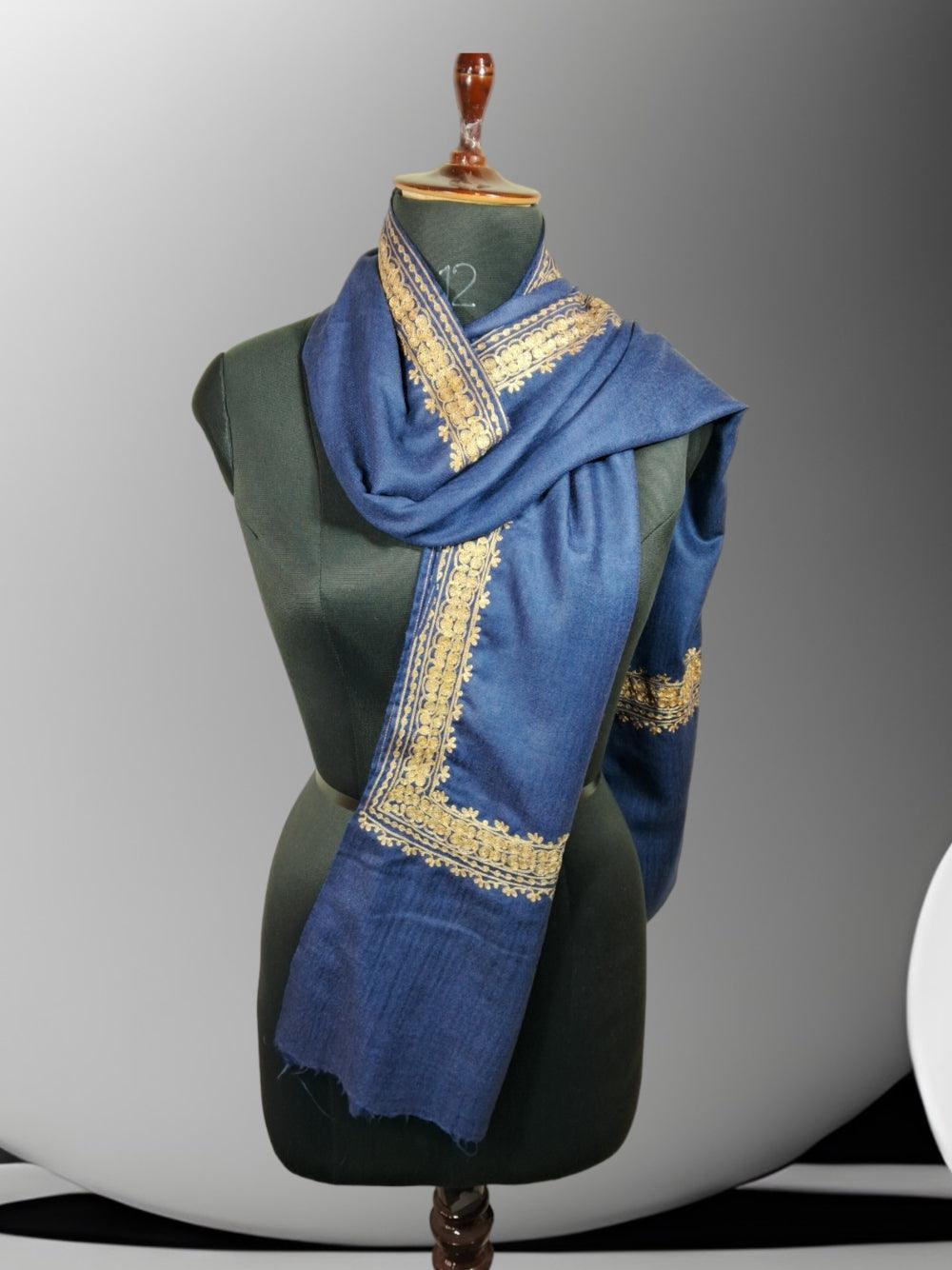 Tilla Border Stole | Zari Border | Blue Colour | Handwoven - ZANSKAR ARTS