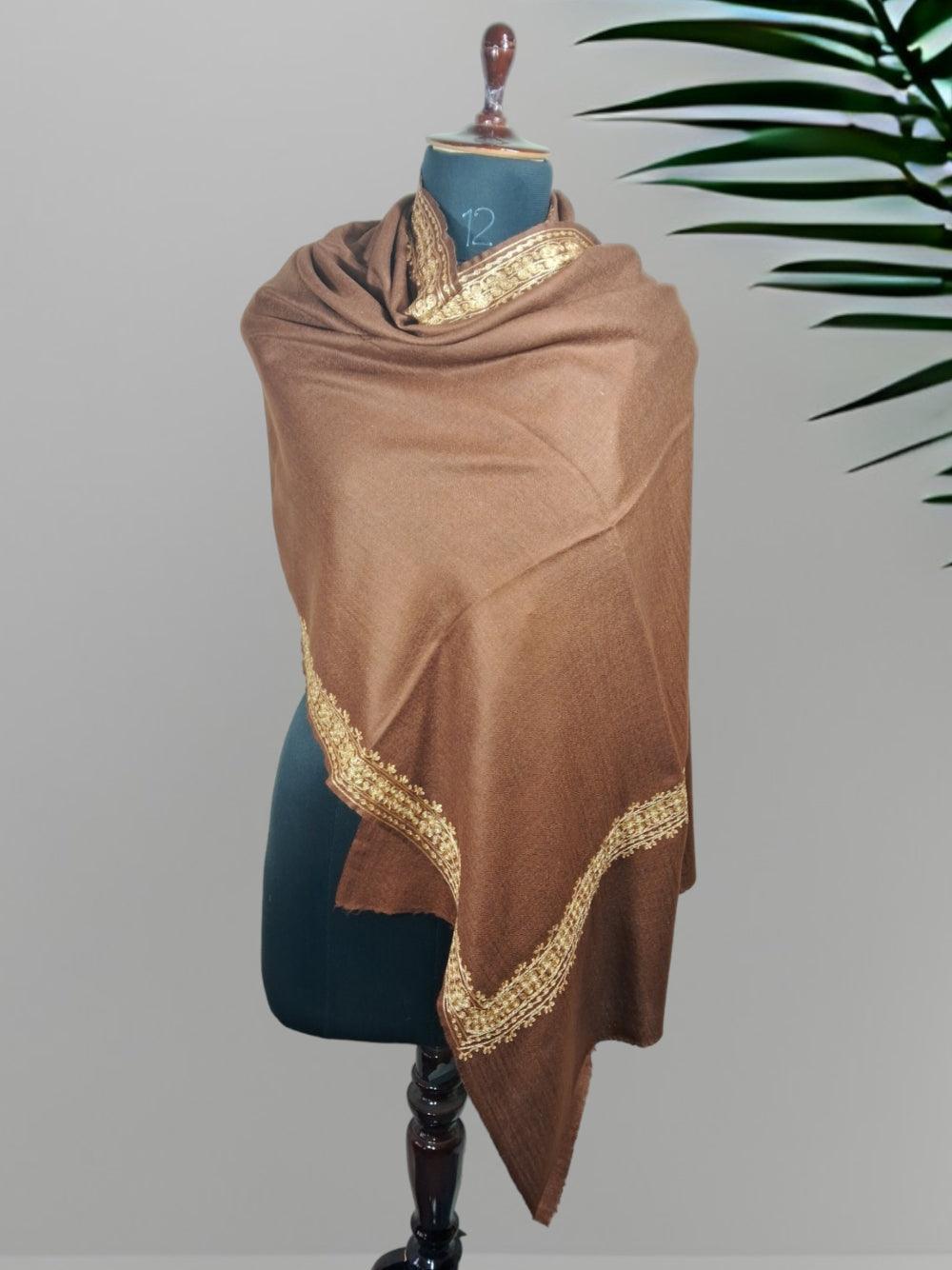 Tilla Border Stole | Zari Border | Dark Brown Colour | Handwoven - ZANSKAR ARTS