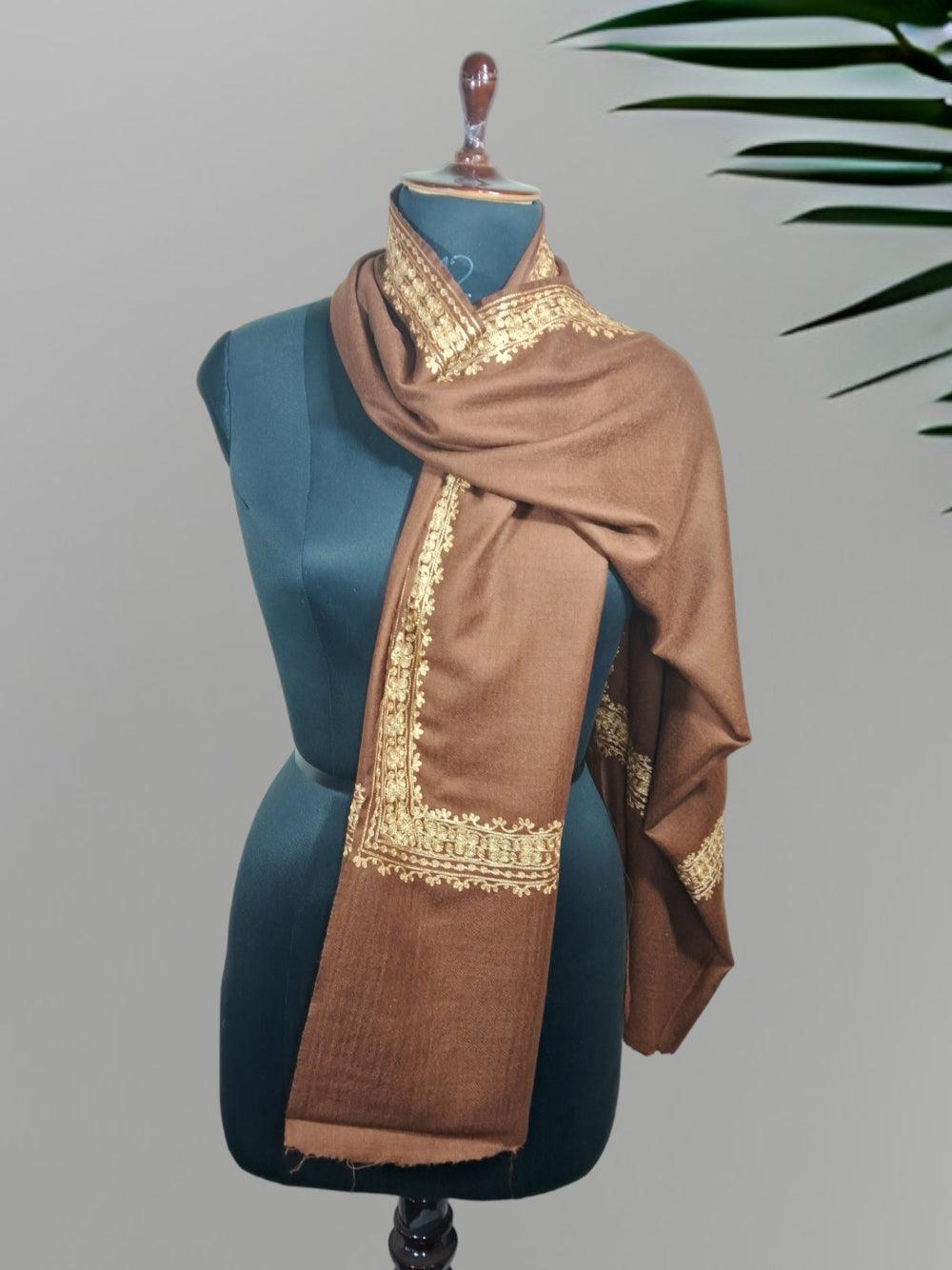 Tilla Border Stole | Zari Border | Dark Brown Colour | Handwoven - ZANSKAR ARTS