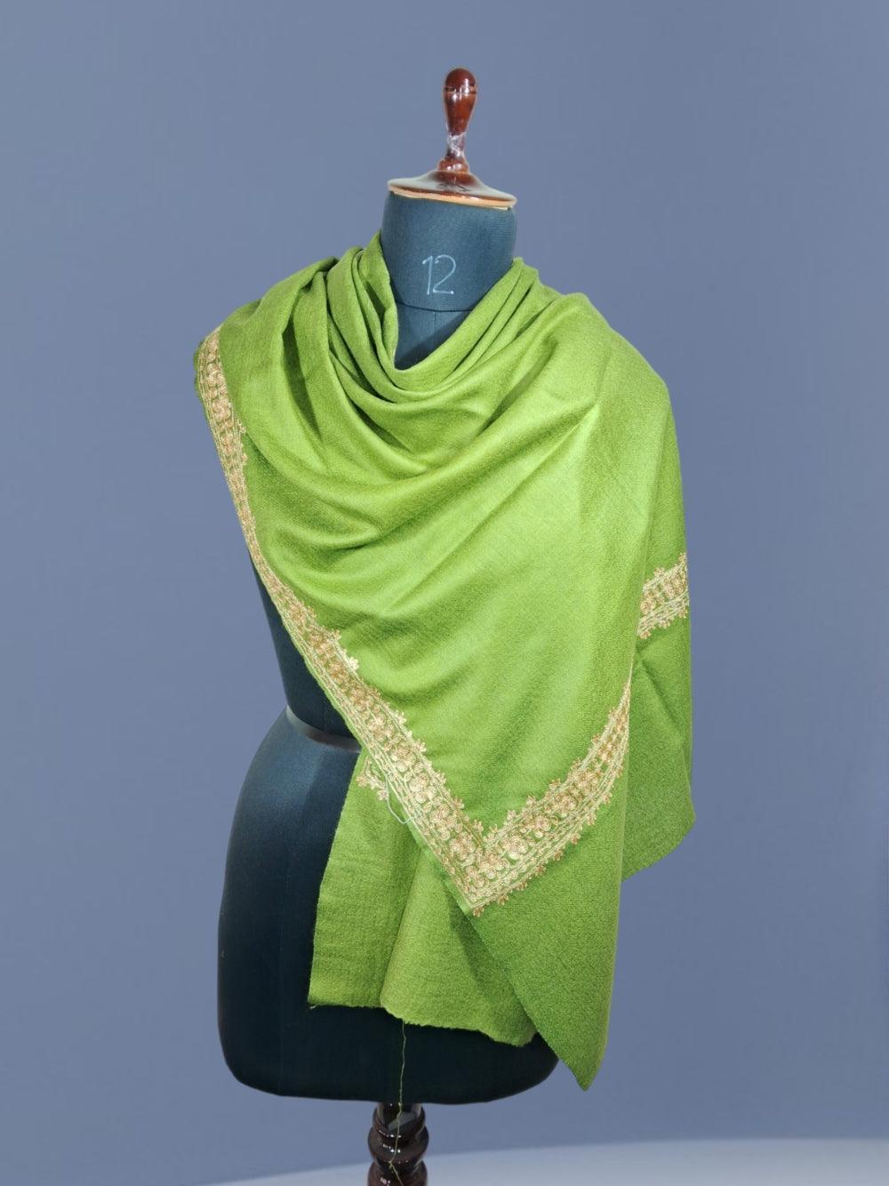 Tilla Border Stole | Zari Border | Green Colour | Handwoven - ZANSKAR ARTS