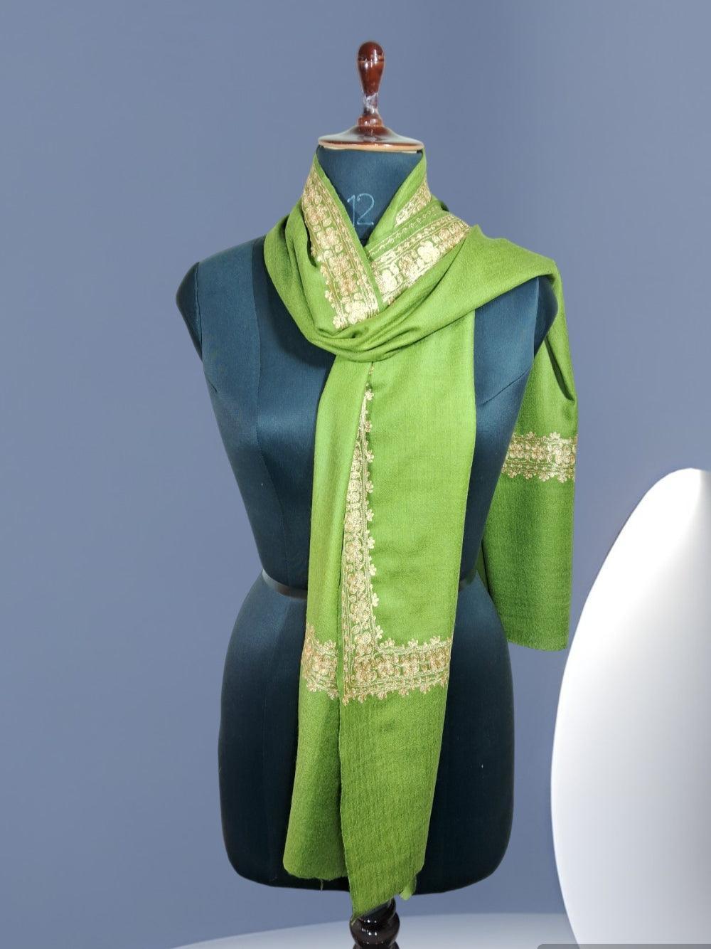 Tilla Border Stole | Zari Border | Green Colour | Handwoven - ZANSKAR ARTS