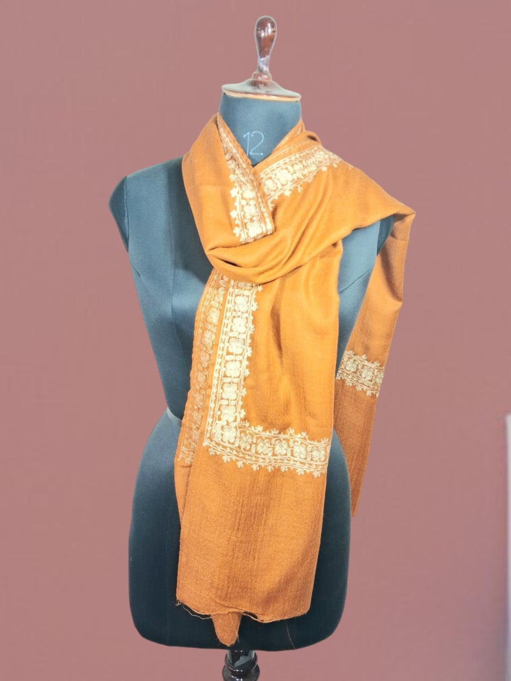 Tilla Border Stole | Zari Border | Orange Colour | Handwoven - ZANSKAR ARTS