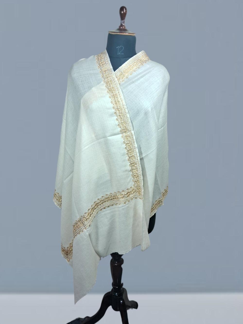 Tilla Border Stole | Zari Border | White Colour | Handwoven - ZANSKAR ARTS