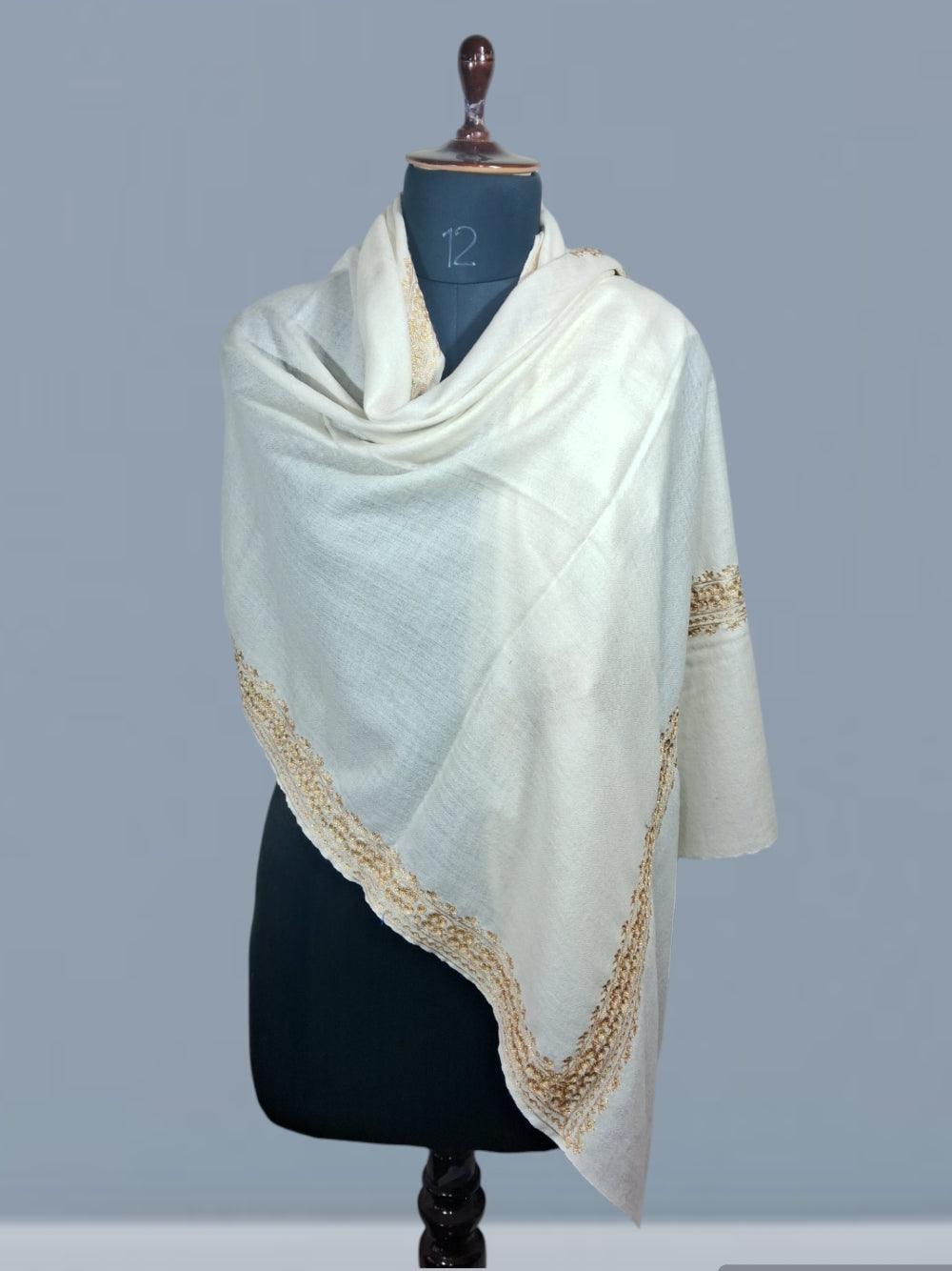 Tilla Border Stole | Zari Border | White Colour | Handwoven - ZANSKAR ARTS