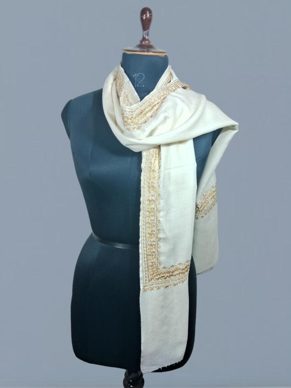 Tilla Border Stole | Zari Border | White Colour | Handwoven - ZANSKAR ARTS